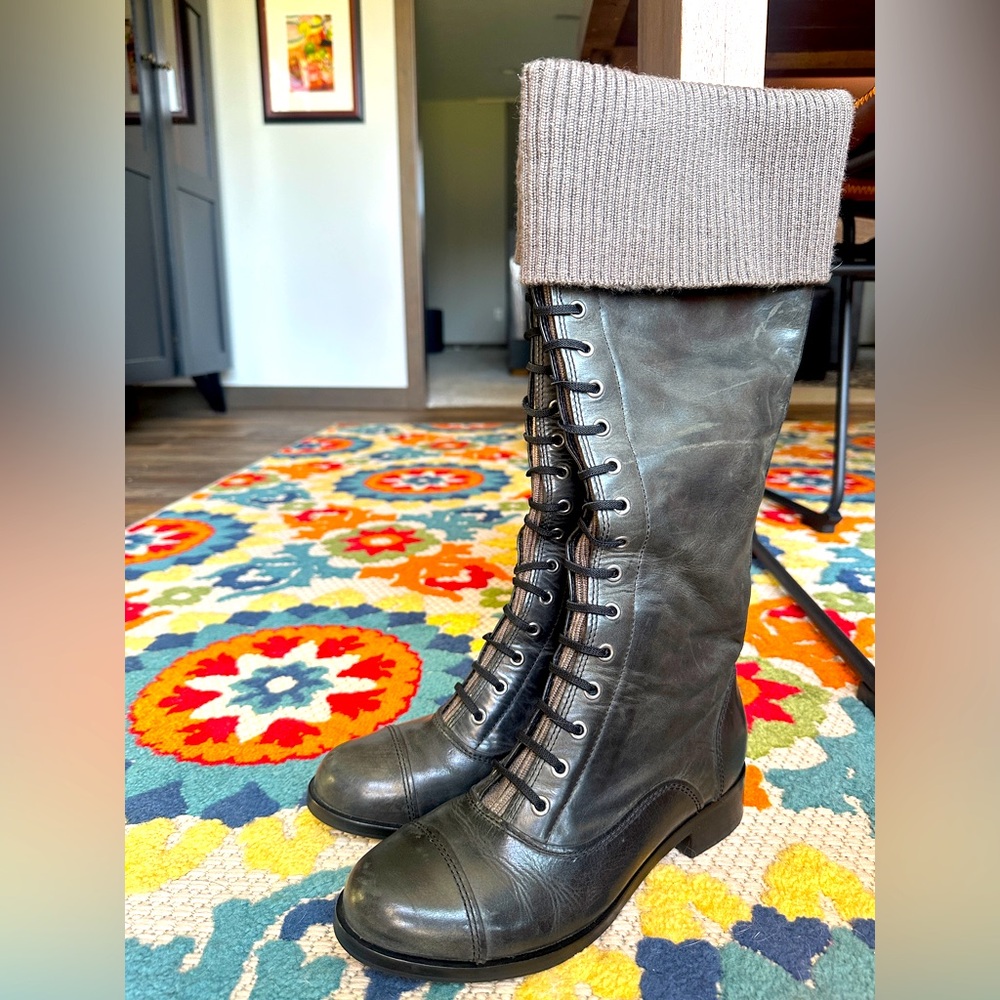 Cole Haan Nike Air Whitley Charcoal Leather Tall Lace slip-on Knit Cuff Boot 7.5